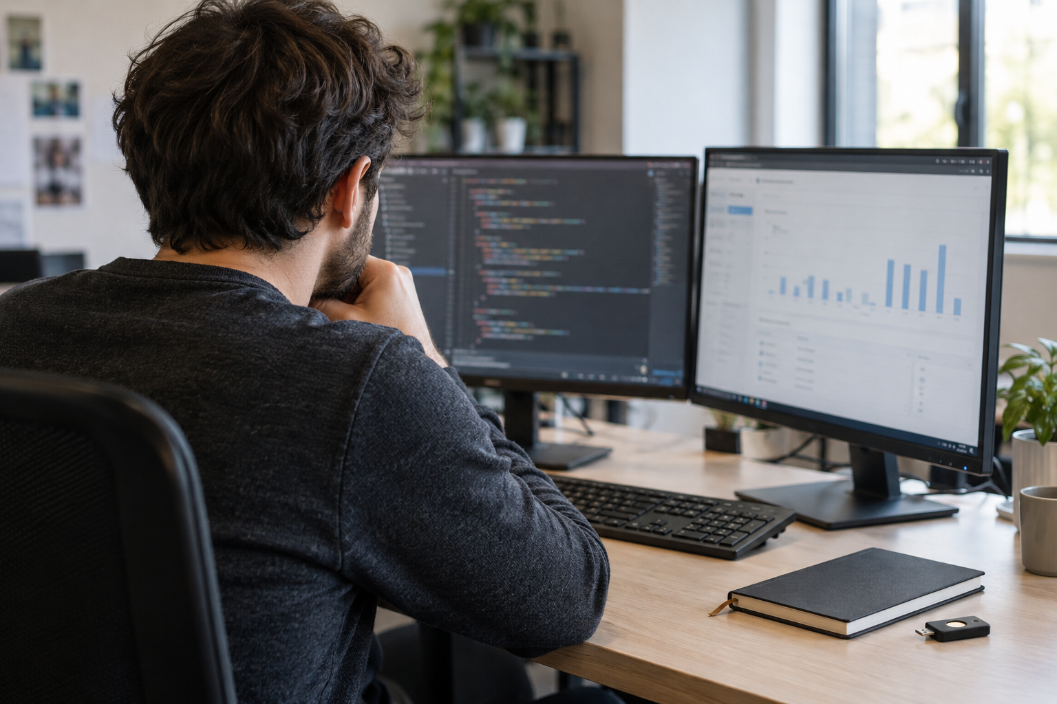 A developer examines code and an account-usage chart at an office desk, illustrating the access and spending risks of stolen credentials.