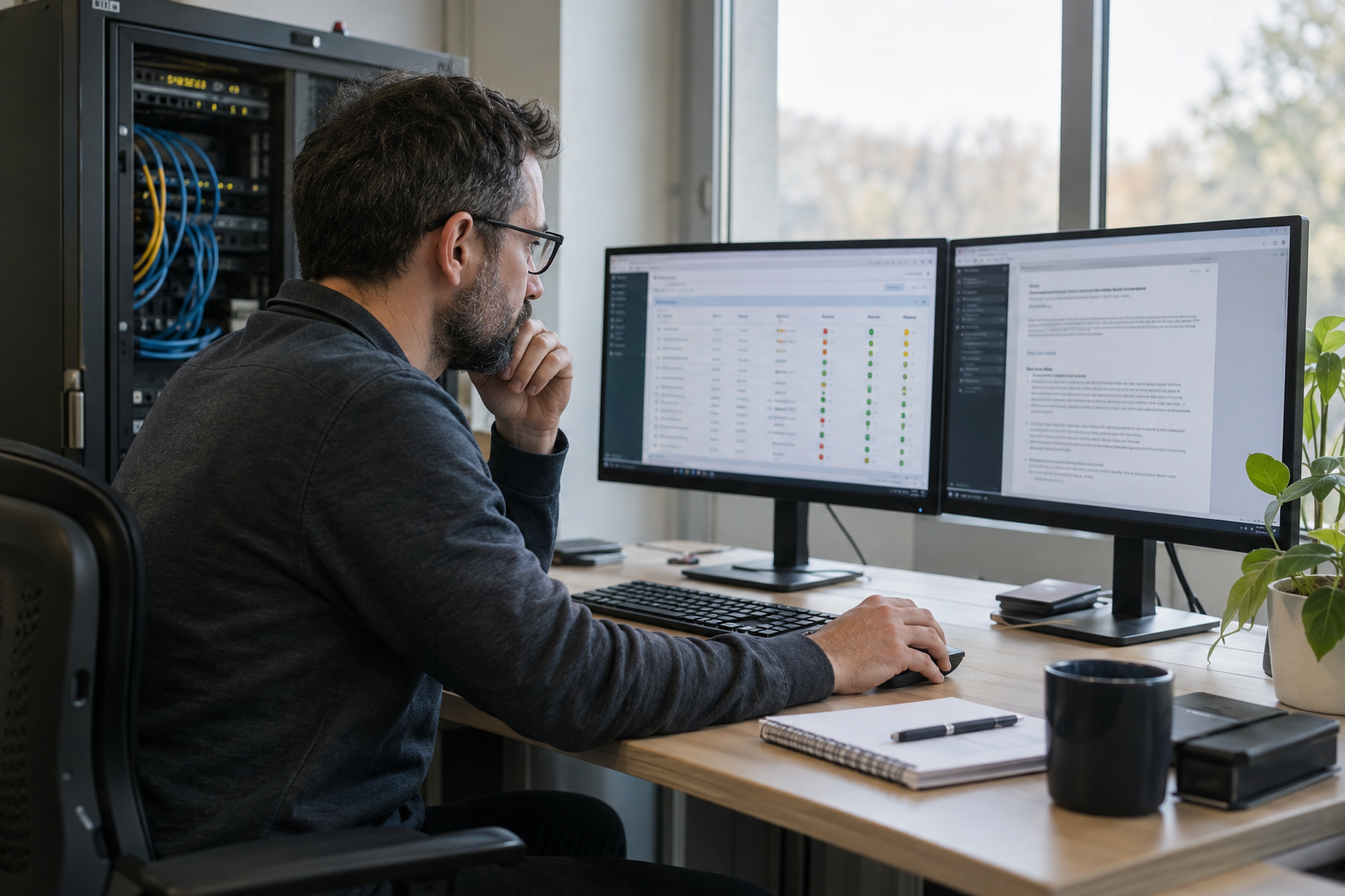 An IT administrator compares a software inventory with a security advisory at an office desk.