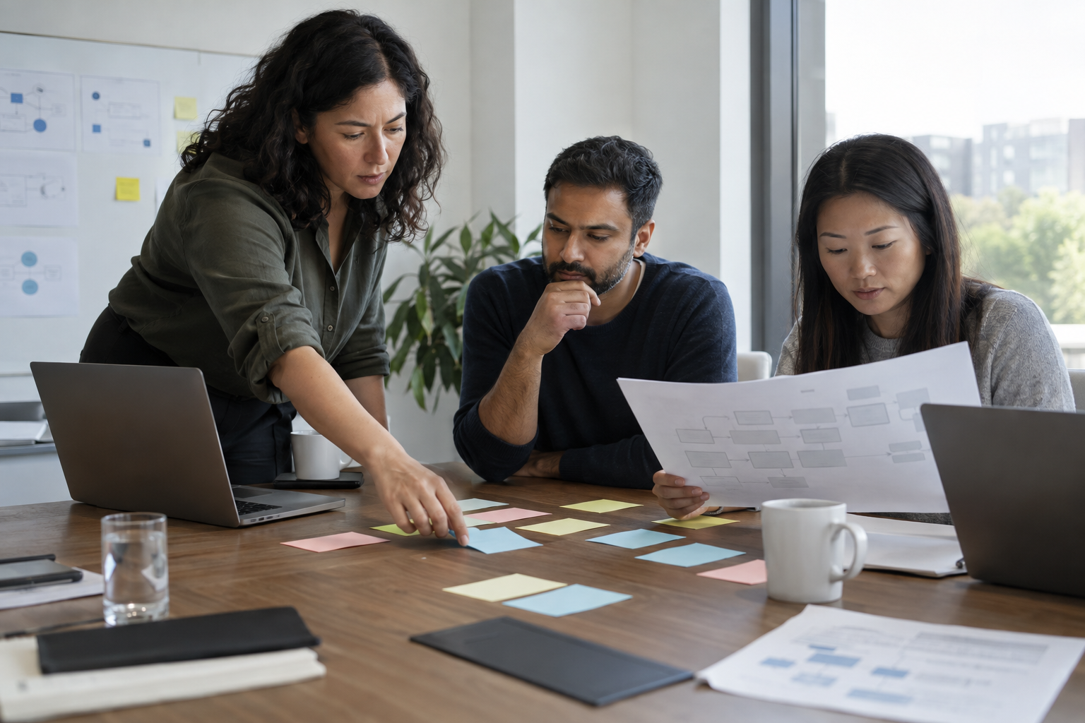 Office staff review a workflow using coloured cards and laptops, illustrating the process preparation involved in agentic AI adoption.
