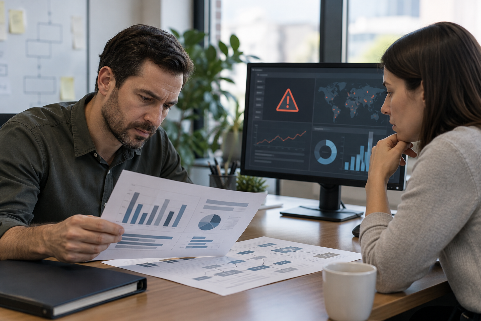 Two colleagues compare budget charts and security processes beside a monitor in a corporate office, illustrating scrutiny of AI defence spending.