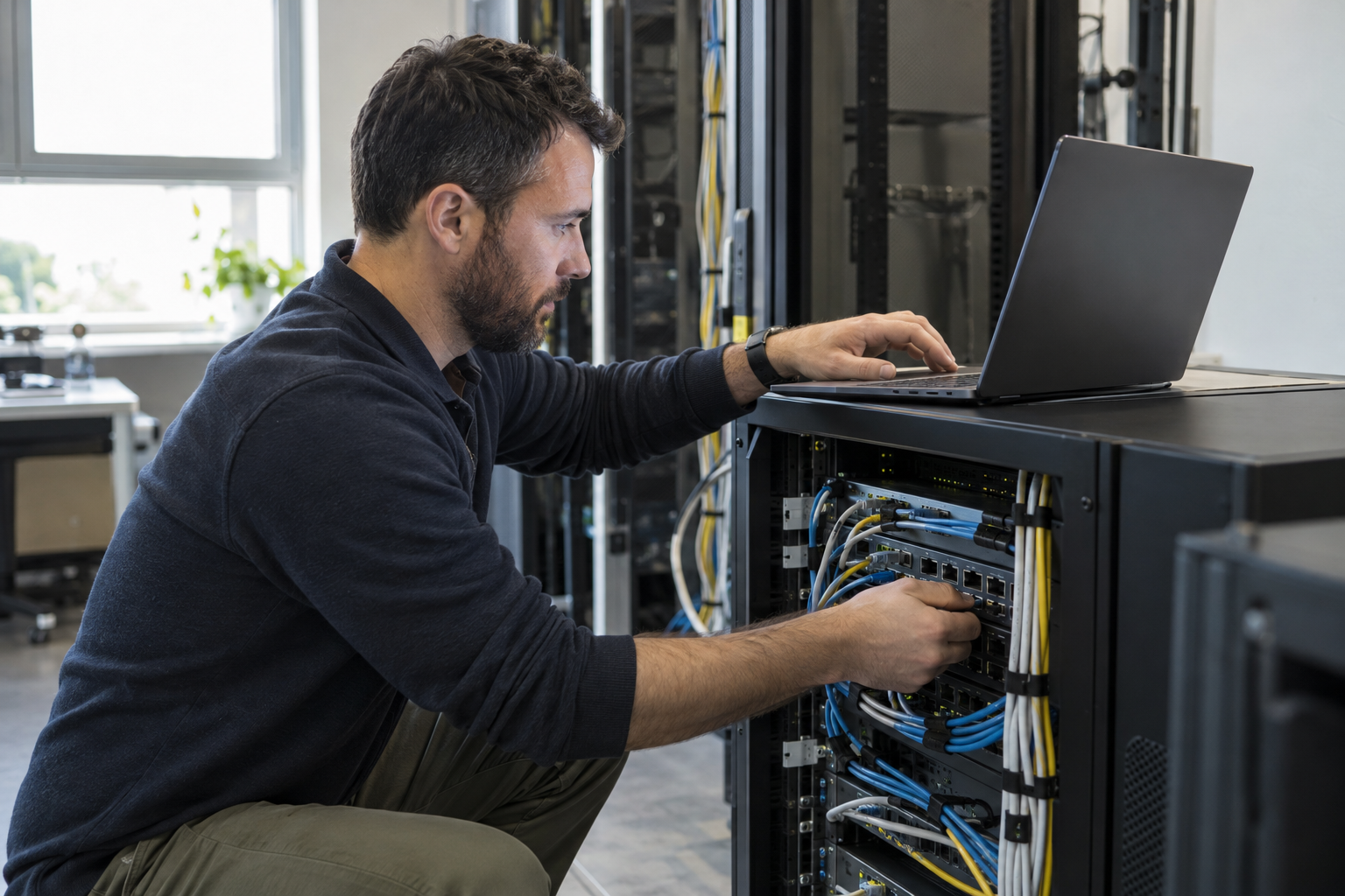 An IT administrator checks network equipment beside a laptop in a company server room during access-system maintenance.