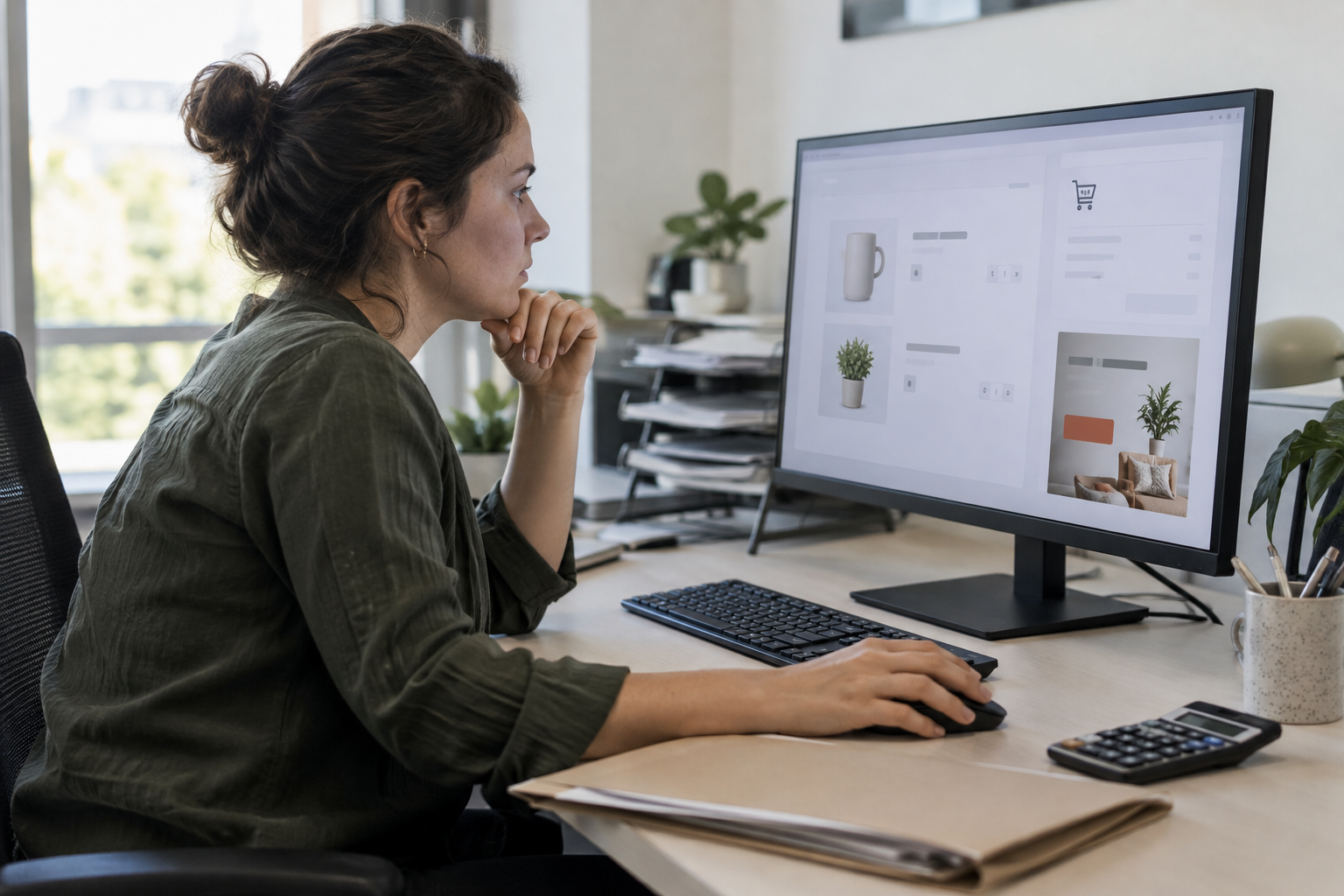 A procurement analyst pauses over an online basket in an ordinary office, illustrating the spending decisions entrusted to browser agents.