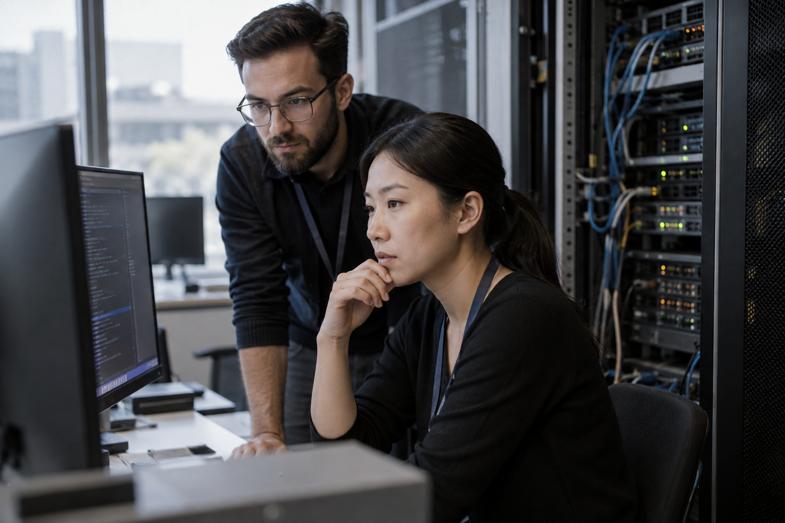 Two IT staff reviewing a workstation beside a server rack, accompanying analysis of LiteLLM security vulnerabilities.