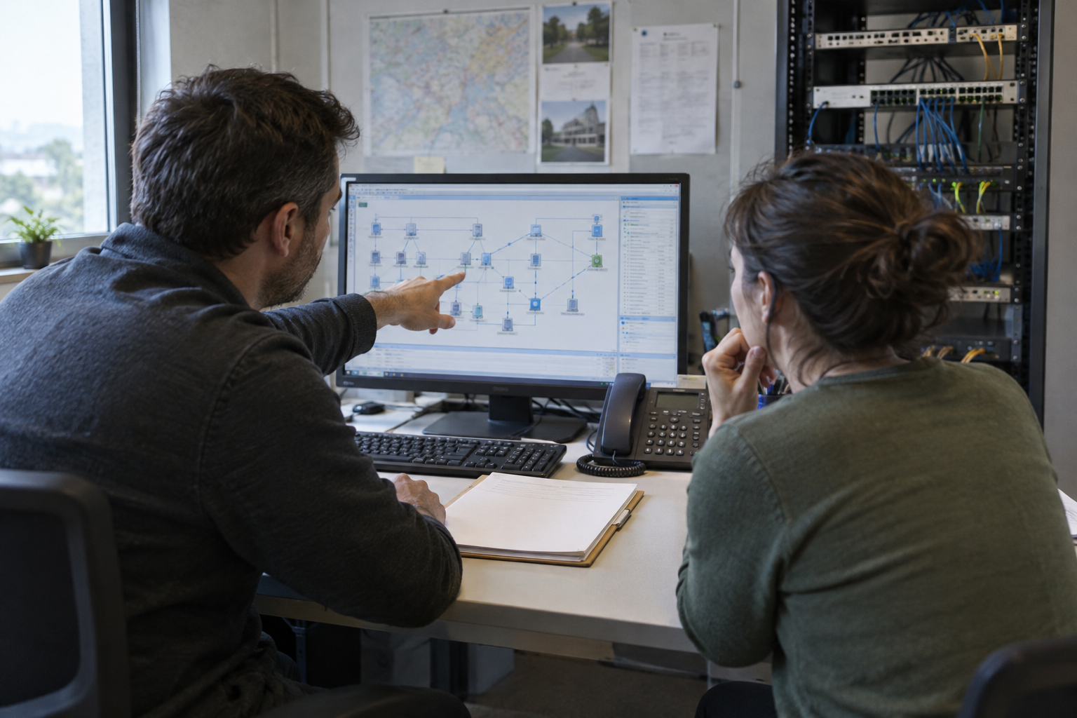 Two IT analysts review a network diagram in a small operations room, illustrating suppliers’ dependence on connected public-service systems.