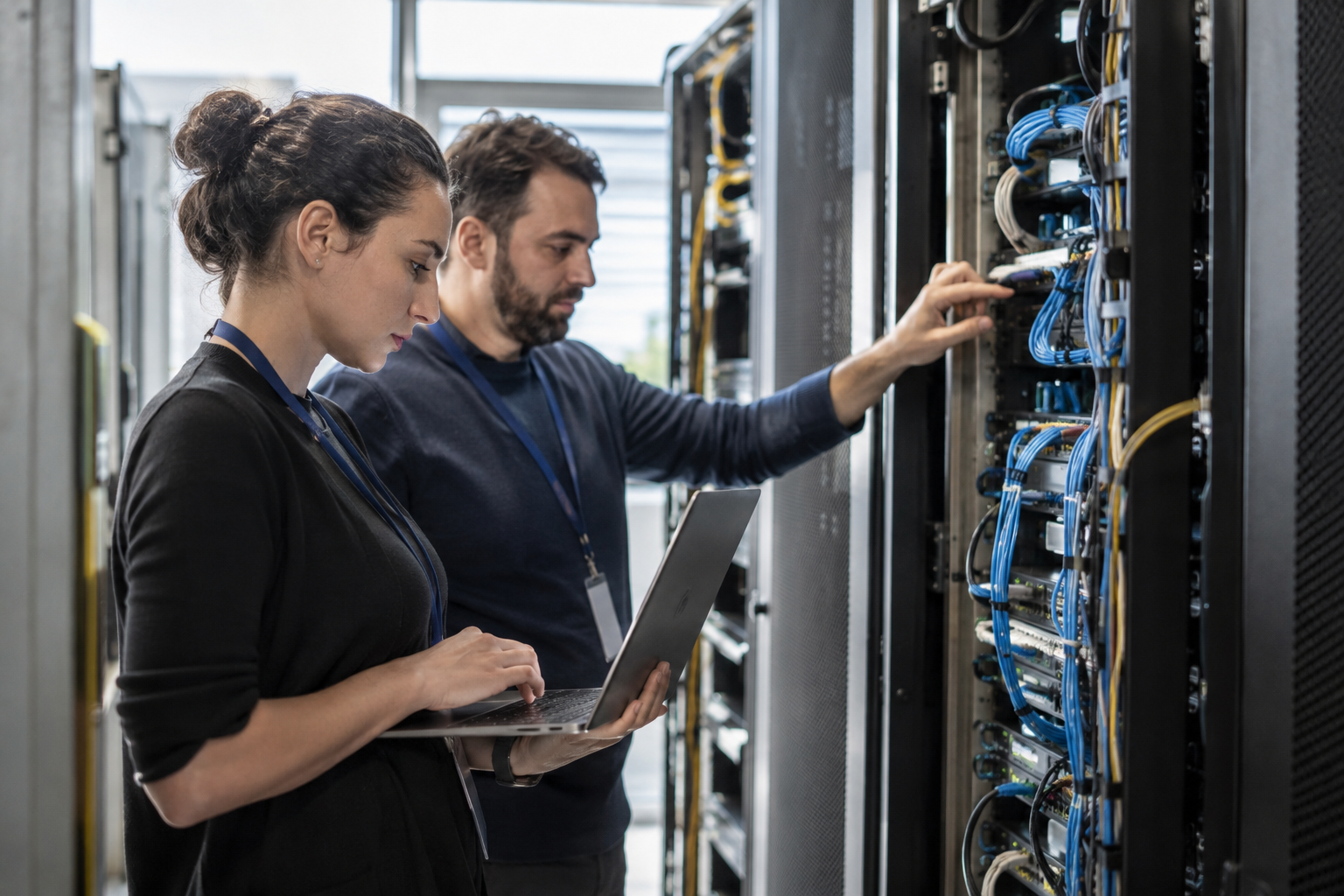 IT staff inspecting network equipment with a laptop, accompanying analysis of the UK cyber security bill.