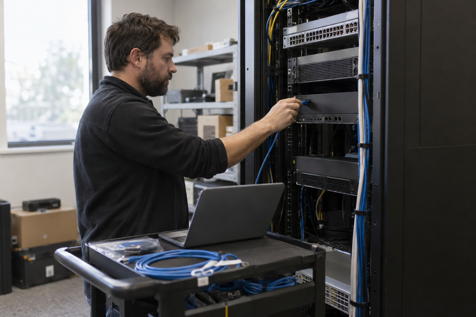A technician disconnects a network appliance in an office equipment room, illustrating isolation of remote-support infrastructure during recovery.