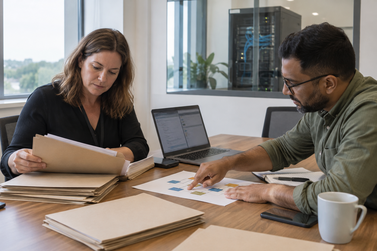 Two office staff review contract folders and a software migration diagram beside a laptop in a company meeting room.