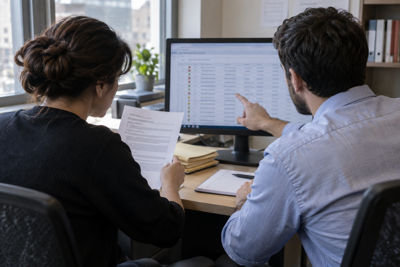 Two colleagues compare supplier paperwork with an incident log on a monitor in an ordinary office.