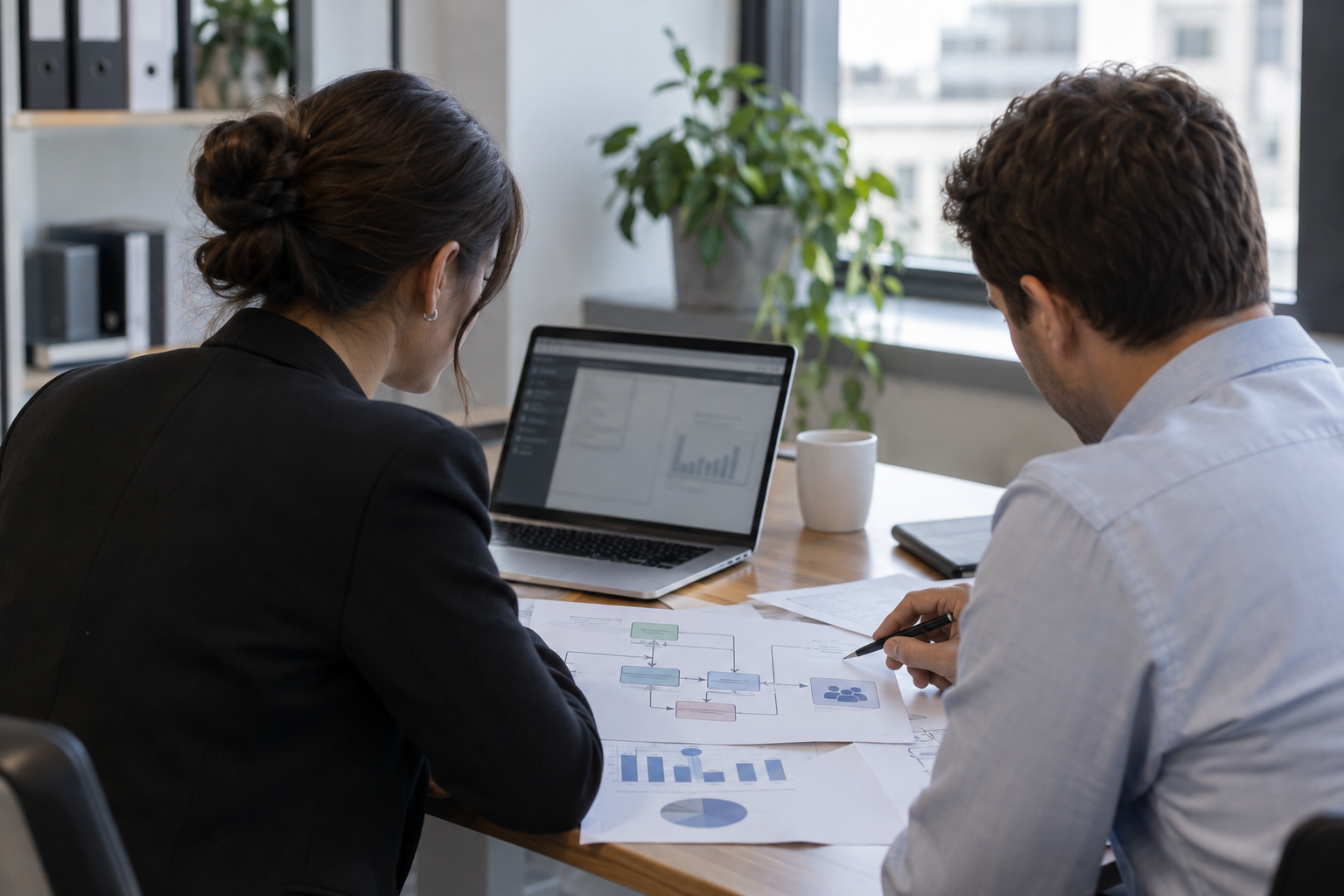 Two analysts review a laptop and process diagrams in an office, illustrating oversight of AI use and supplier risks.
