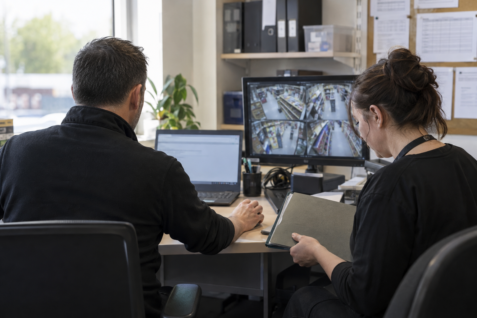 A shop manager and colleague review a laptop beside a CCTV monitor in a retail back office before sharing surveillance information.