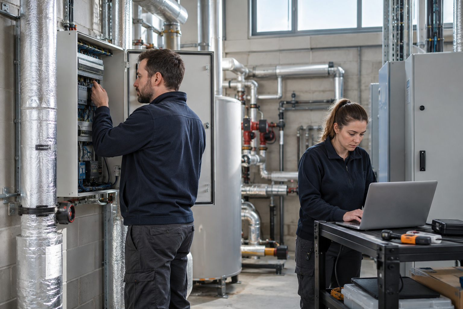 Facilities staff inspect a building-control cabinet and laptop in a plant room, illustrating the physical systems covered by OT security guidance.