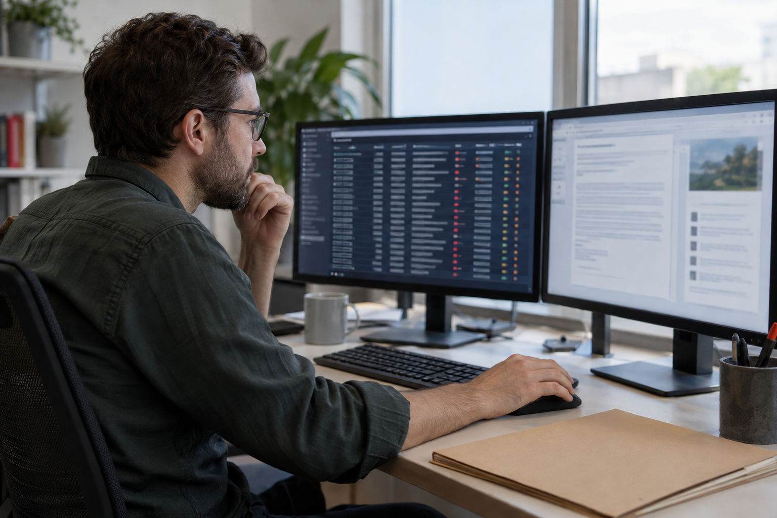 A security analyst compares network metadata and browser output at an office desk, illustrating checks on what AI tools can read.